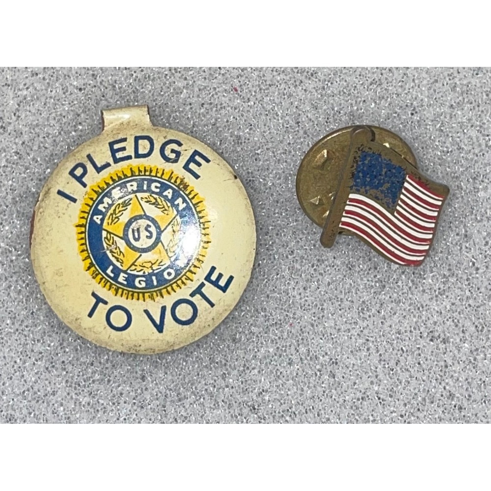 Vintage American Legion I Pledge To Vote Tab Pin 40's & American Flag Lapel Pin
